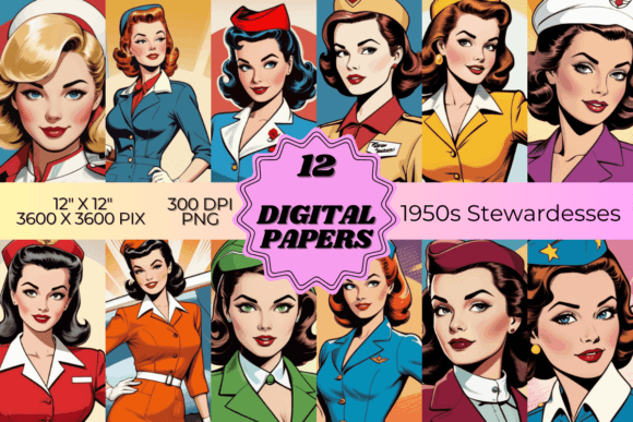 Download 1950 Stewardess PopArt Digital Paper Set - 1950 Collection